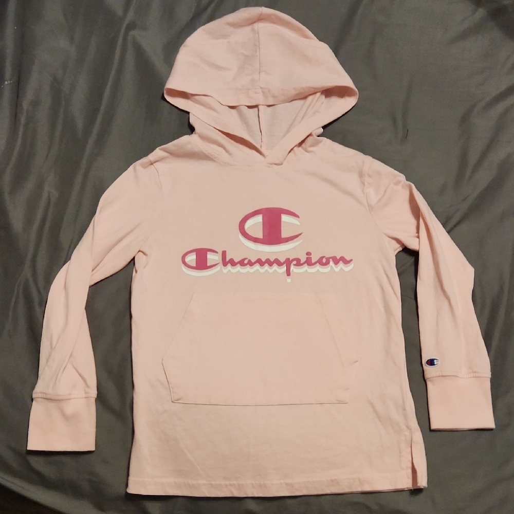 Champion Light Pink Hooded Long Sleeve Shirt with Logo